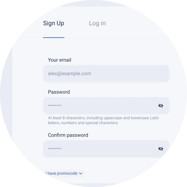 If you are already registered on Bitbanker, enter your login and password. If you are new to us, sign up, and if you plan to use fiat currencies, complete the KYC process